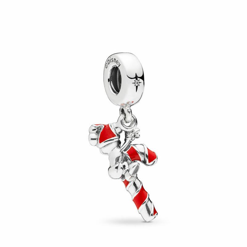 Pandora Disney Santa Mickey’s Candy Cane Dangle Charm Ireland - Sterling Silver/Enamel/Red/Cubic Zir